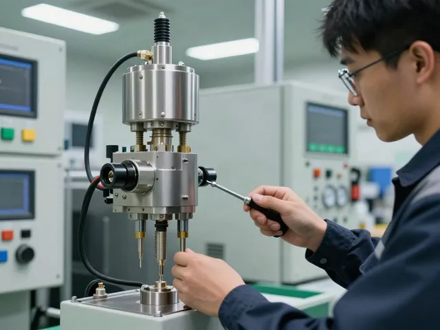 Pressure switch manufacturer technician calibrating high-precision switches in industrial automation.