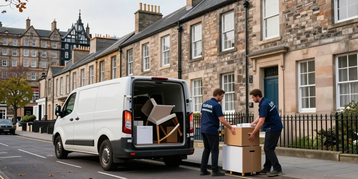 House Clearance Edinburgh professionals loading items into van outside traditional Edinburgh architecture.