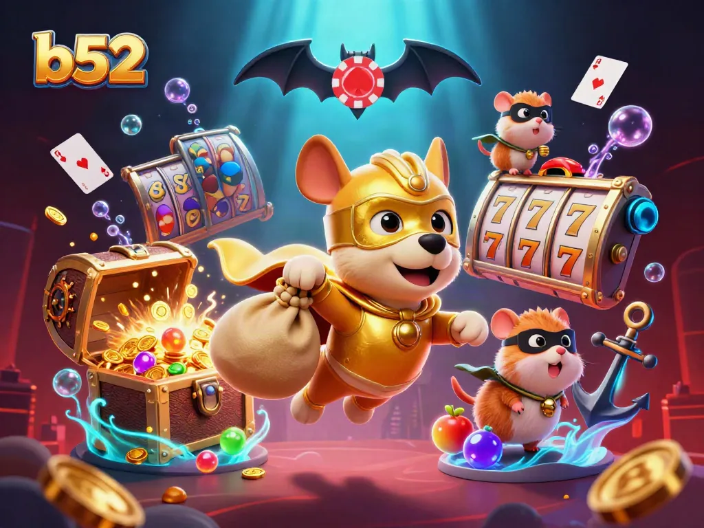 Experience the thrill of b52 casino gaming with a superhero dog and hamster amidst rich game elements and golden treasures.