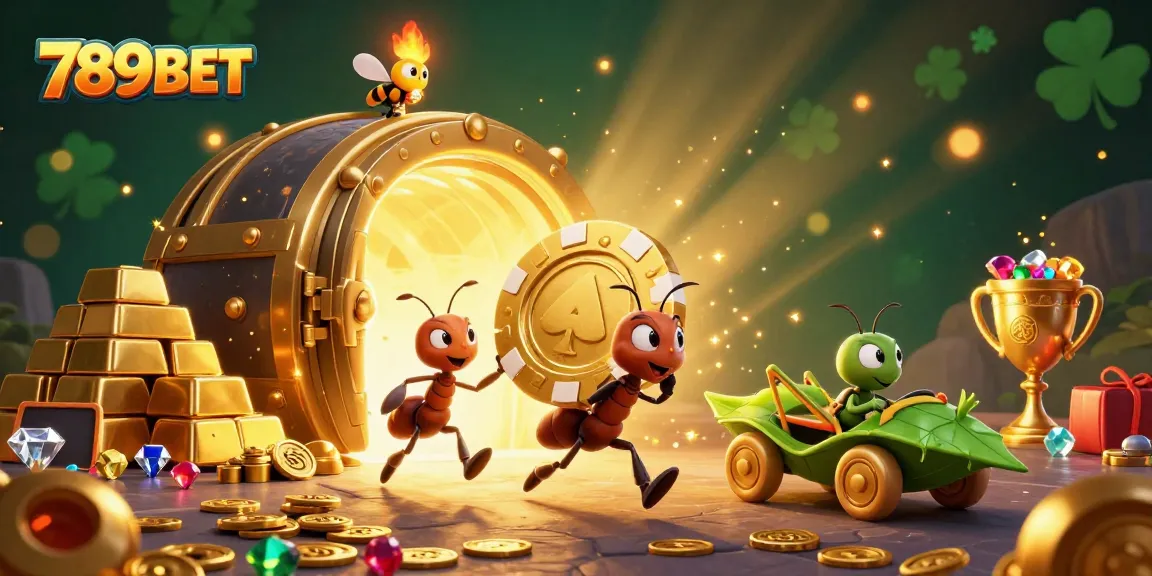 Experience the thrill of 789BET with our cartoon heist scene featuring ants and golden poker chip.