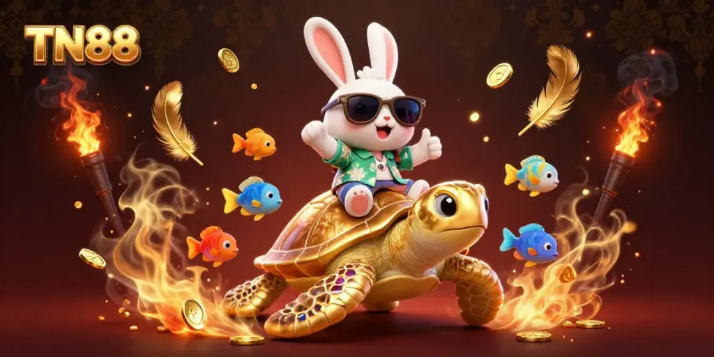 Experience entertainment with TN88's vibrant 3D illustration featuring games, fun, and golden prizes.