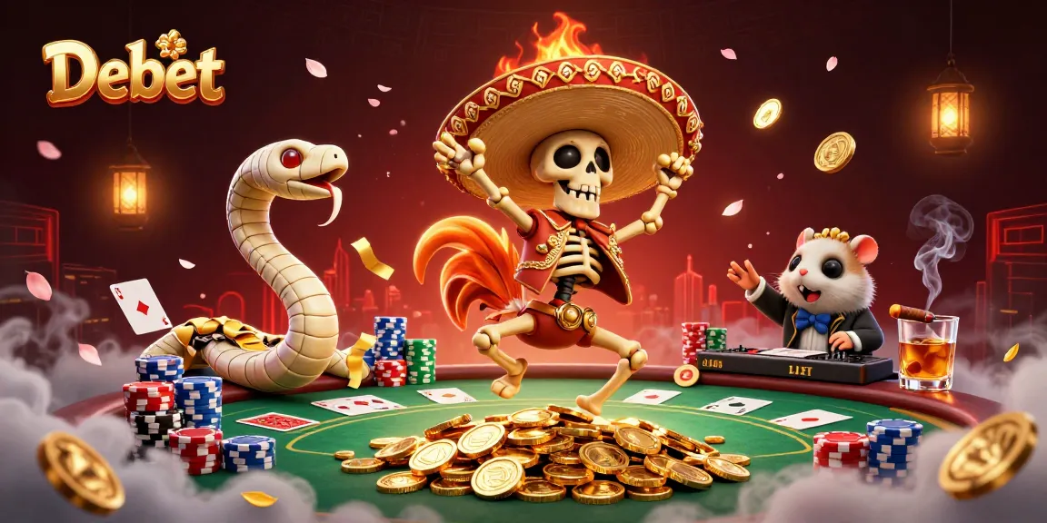 Debet showcases a vibrant casino scene with a mariachi rooster celebrating among poker elements.