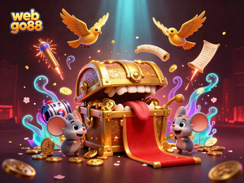 Experience exciting gaming at web go88: A vibrant 3D scene with enchanted chest, coins, and slot elements.