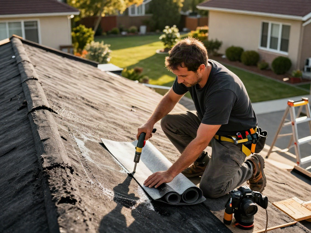 Skilled roofer installing felt roof on a residential home, showcasing waterproofing techniques and tools.