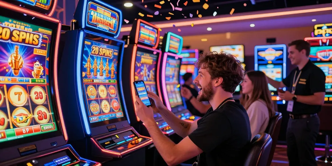 Excited player celebrating 20 free spins on registration uk in a vibrant casino setting with colorful slot machines.