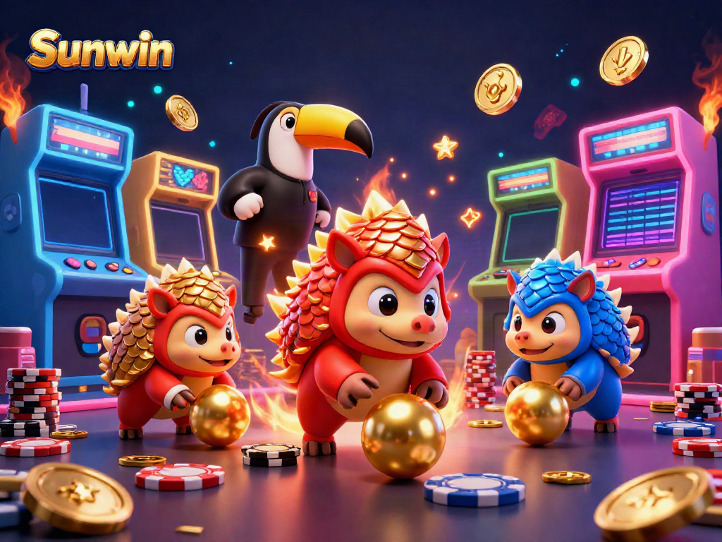 Experience thrilling gameplay with Sunwin as pangolins compete among glowing casino elements and vibrant gaming machines.