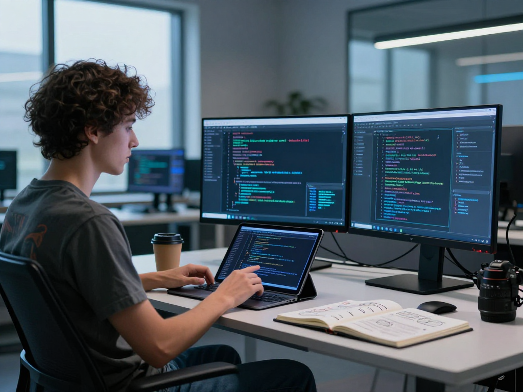 Innovative tech workspace showcasing nsfw ai applications with algorithms and coding on multiple screens.