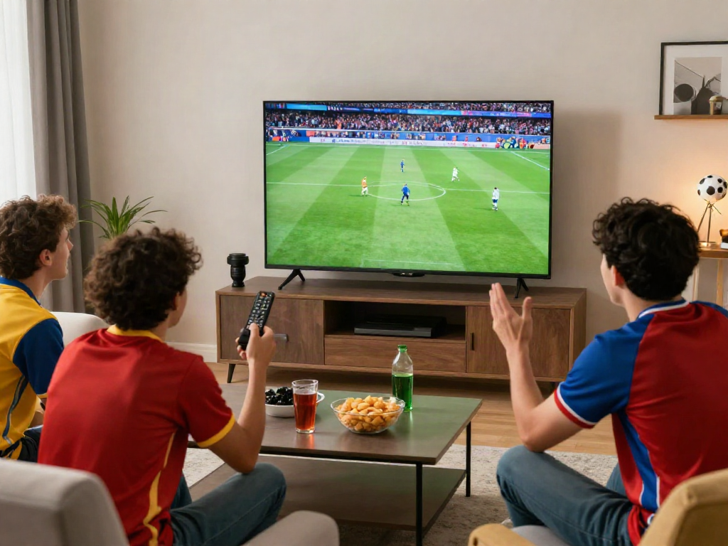 Friends enjoying a football match on Xoilactv in a lively living room.