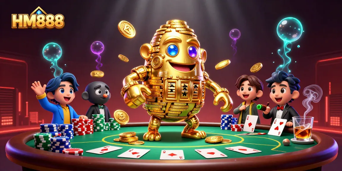 Engage with the HM888 online casino experience showcasing a dynamic golden golem and vibrant poker scene.