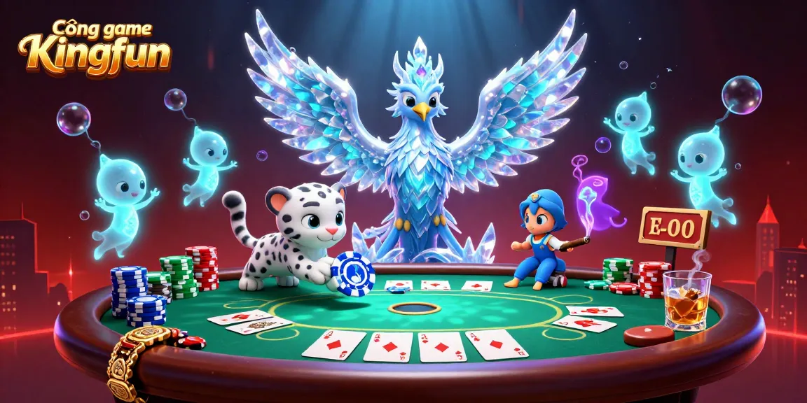 Cổng game Kingfun showcases an ice phoenix and playful snow leopard in a vibrant casino scene filled with poker elements.