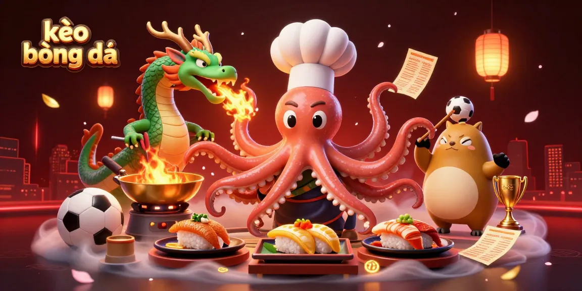 Engage with kèo bóng đá sports betting scene featuring a dynamic octopus chef and dragon.