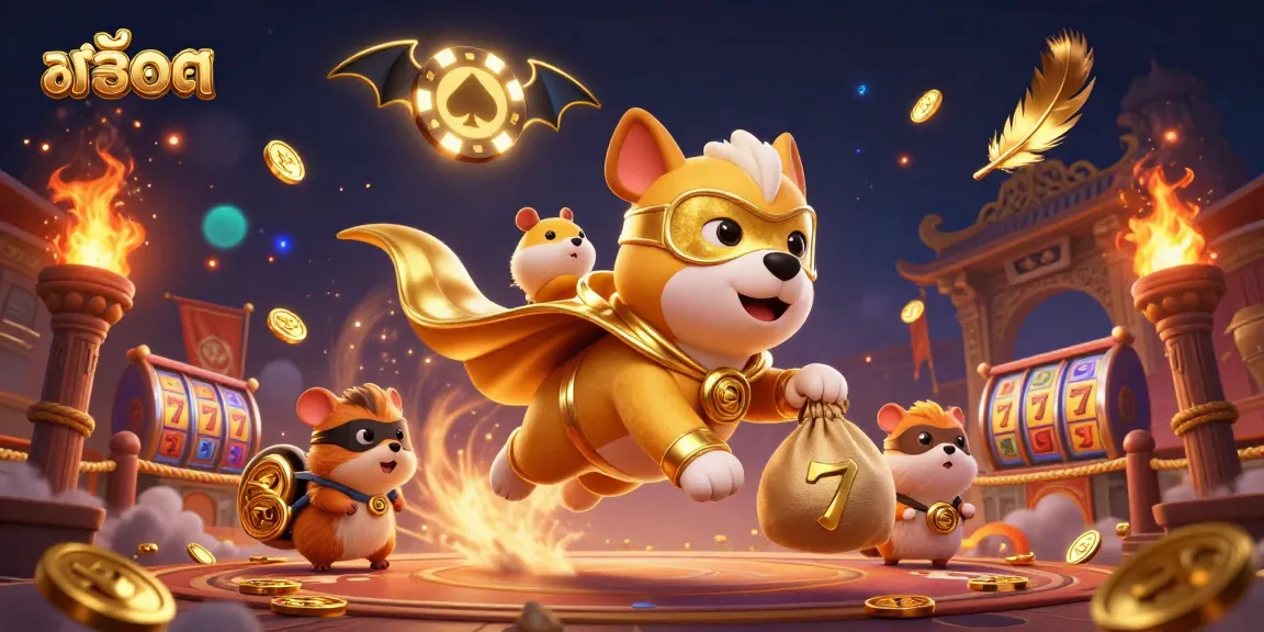 Engage with สล็อต action as a superhero dog saves the day in this vibrant casino-themed illustration.