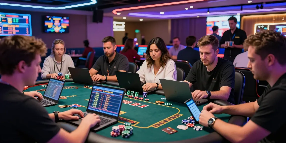 Players immersing in credit card casinos with laptops and chips in a vibrant casino atmosphere