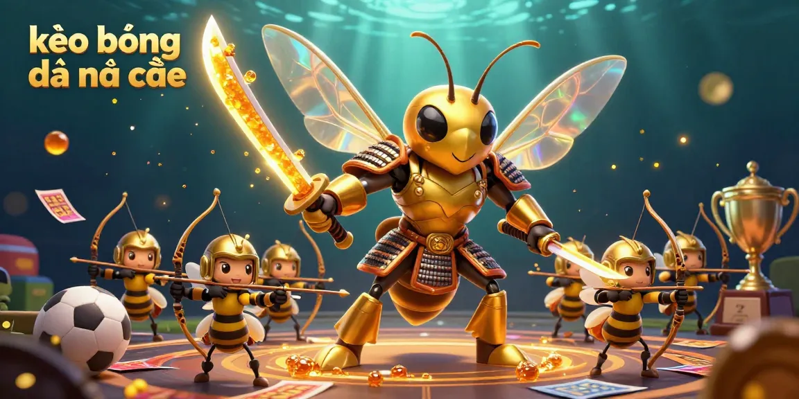 Engage with kèo bóng đá nhà cái through a vibrant scene featuring a golden hornet samurai and sports betting elements.