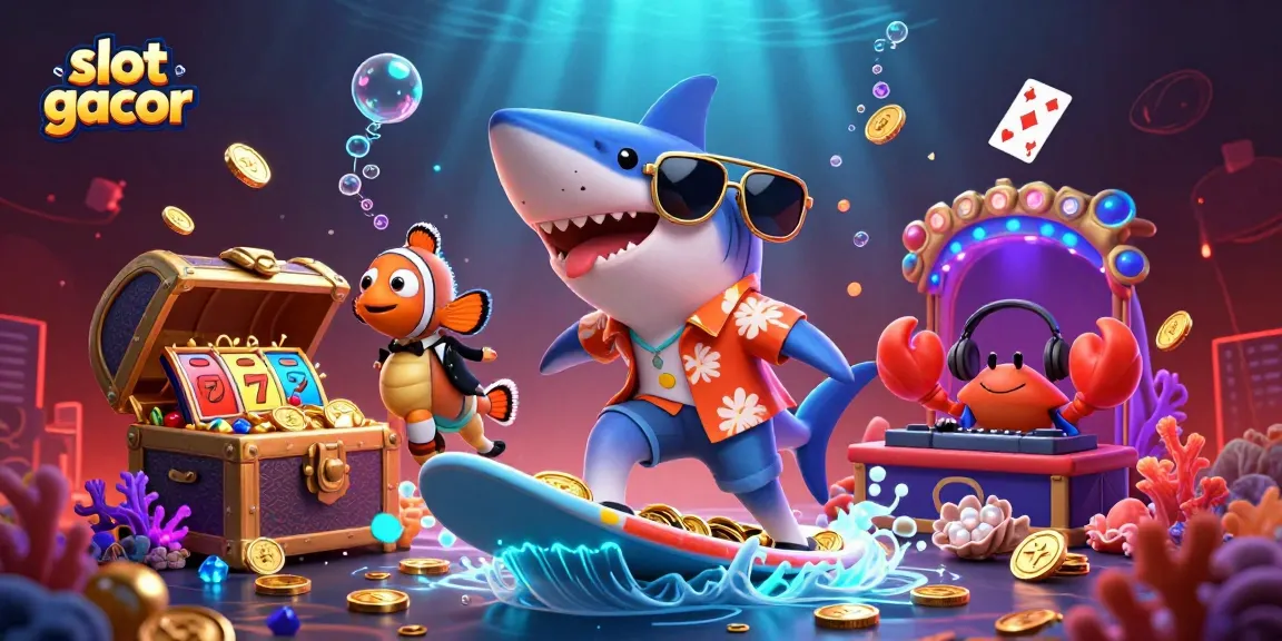 Experience the thrill of slot gacor with vibrant characters surfing gold coins and dazzling slot reels