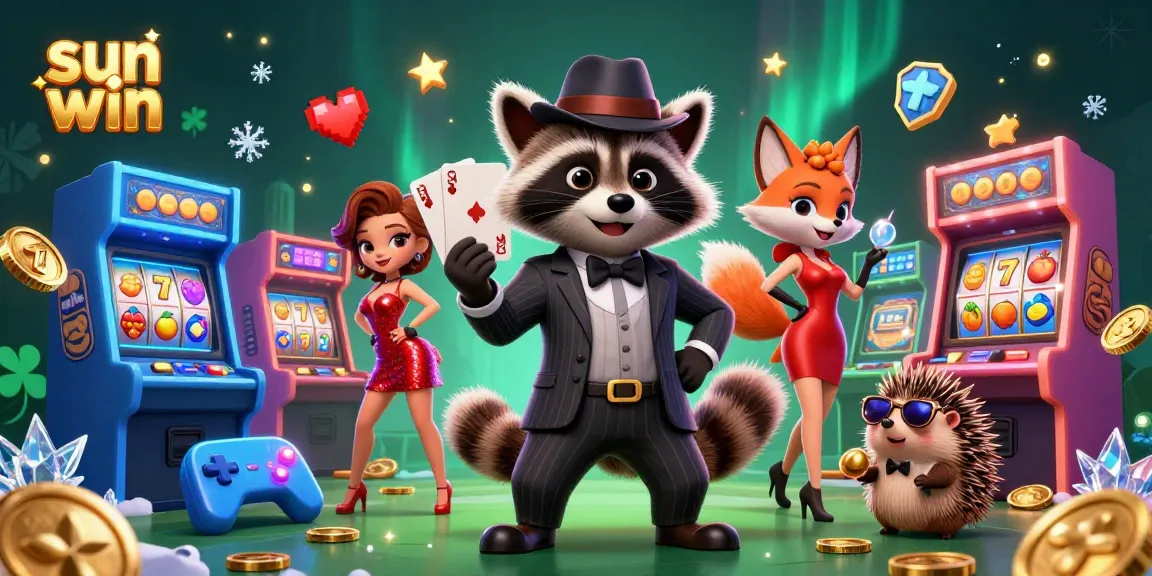 Play thrilling games featuring sun win with a stylish raccoon, fox, and hedgehog in vibrant casino setting