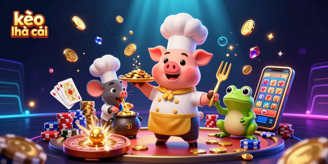 Kèo nhà cái features a lively casino scene with a pig chef, mouse, and frog, celebrating betting.