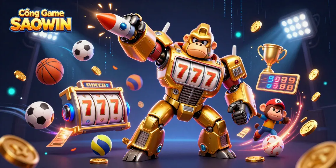 Cổng Game SAOWIN showcases a transformer-style golden gorilla mech celebrating wins with coins amidst dynamic gaming visuals