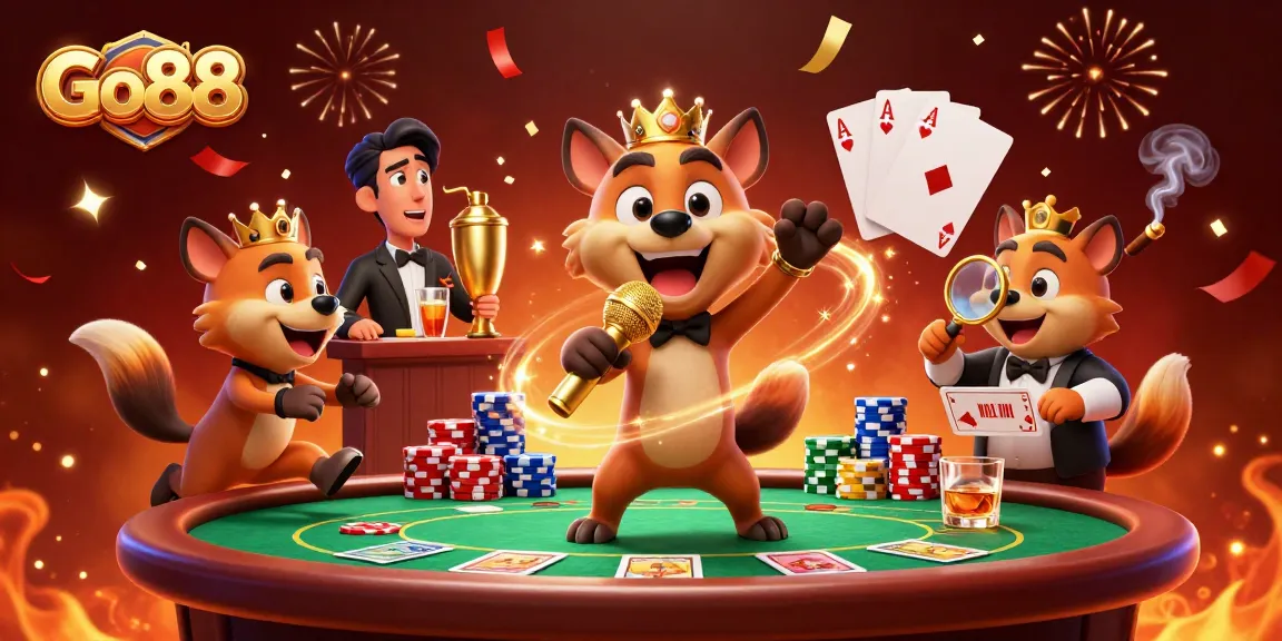 Experience thrilling gaming at Go88 with vibrant hyenas in a colorful casino scene.