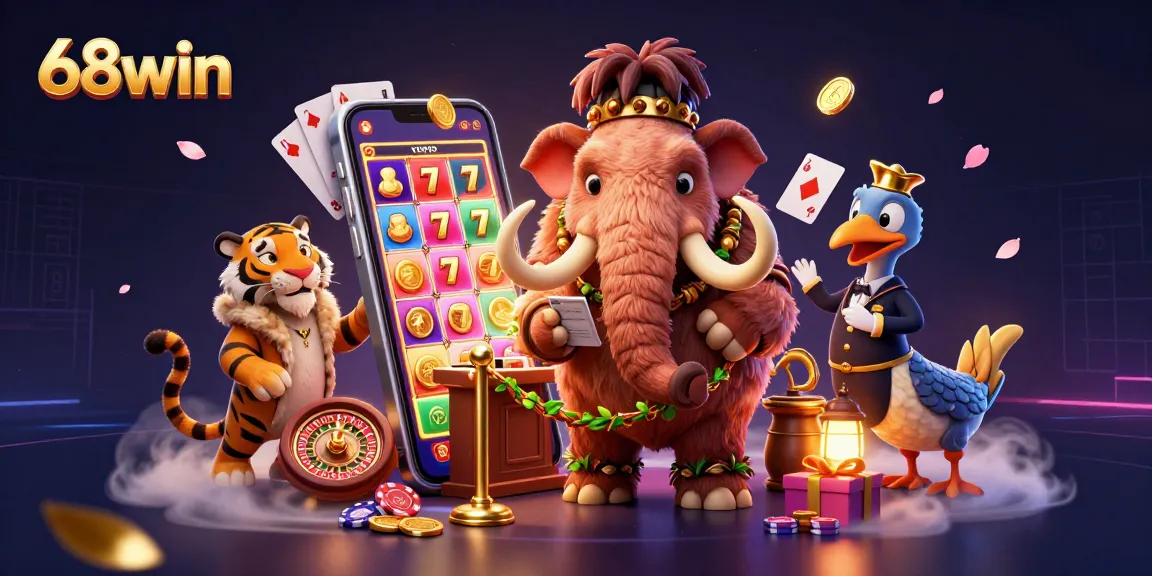 Experience the excitement of 68win with a vibrant casino scene featuring a woolly mammoth bouncer checking IDs.