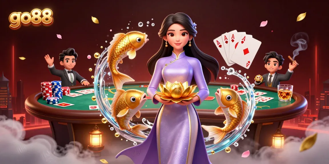 Experience go88 with an elegant woman amidst a vibrant poker scene, showcasing rich visual elements.
