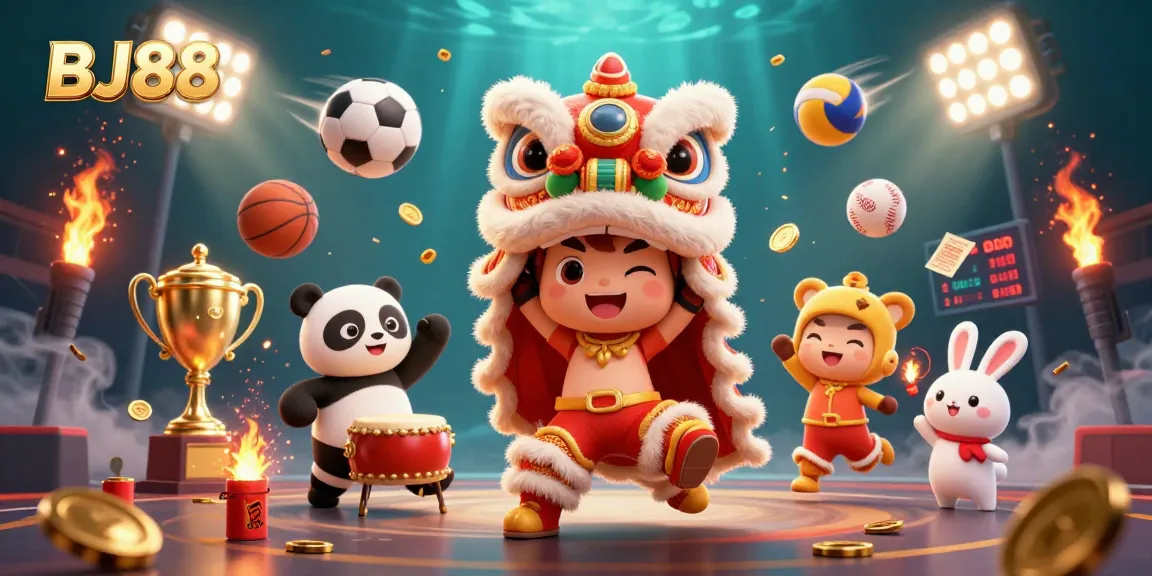 Experience thrilling sports betting excitement with BJ88 as cute characters perform a lion dance surrounded by dynamic sports elements.