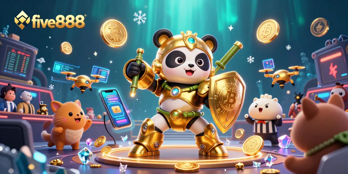 Engage with the dynamic five888 casino experience featuring a golden panda mech in an action-packed scene with crypto elements.