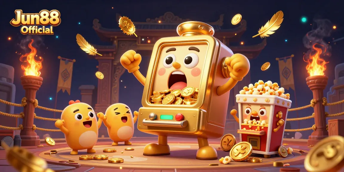 Play to win with Jun88 Official at the exciting golden slot jackpot scene filled with coins and lively characters.