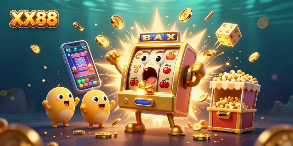 Experience exciting wins at XX88 with a vibrant scene featuring a golden slot machine overflowing with coins and cheer.