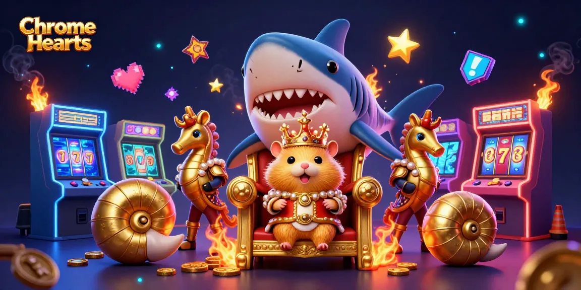 Experience Chrome Hearts with this vibrant scene of a golden hamster king surrounded by gaming machines.
