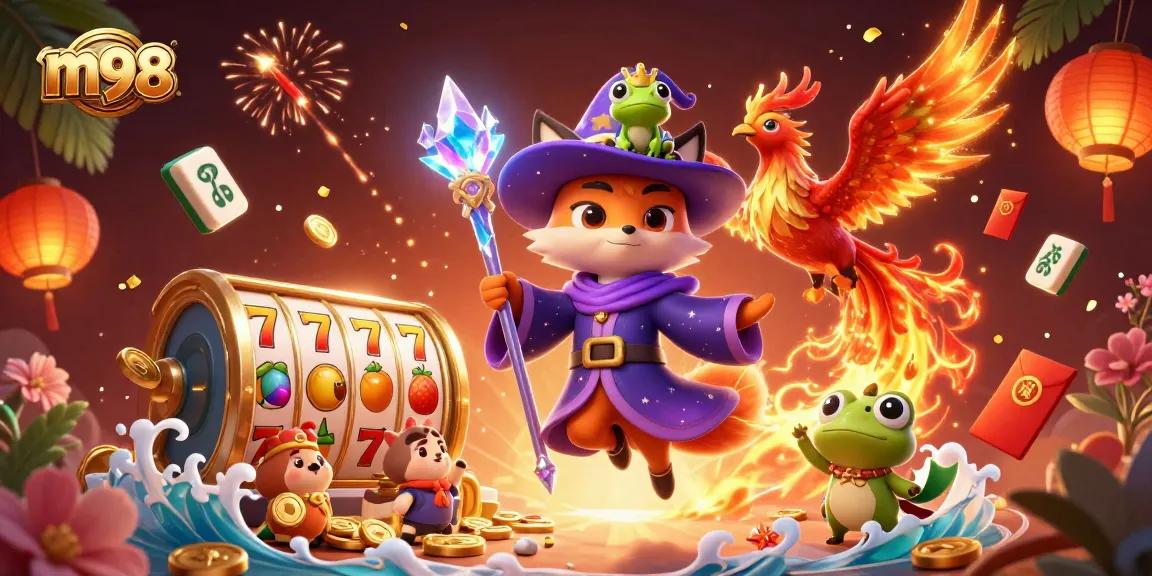 Win big with m98 in this vibrant animated casino scene showcasing slot games and rich visuals.