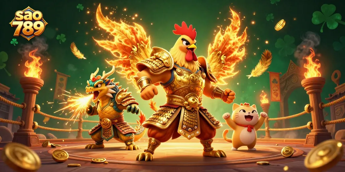 Engage with the vibrant world of sao 789, featuring a fighting rooster warrior and an armored dragon.