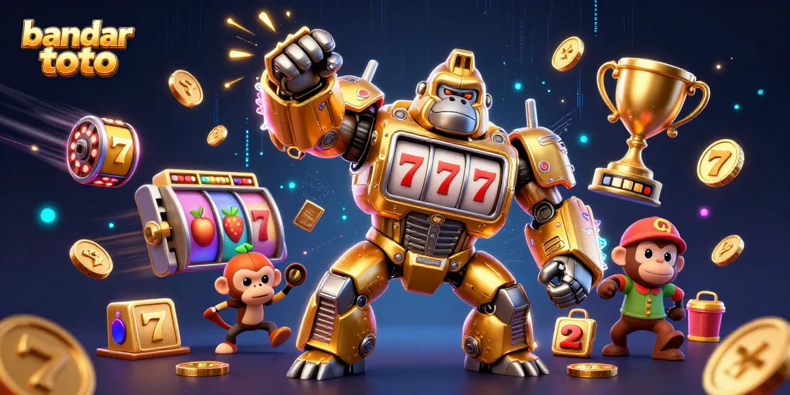 Experience the excitement of bandar toto with a dynamic visual of a golden gorilla mech amid slot game elements.