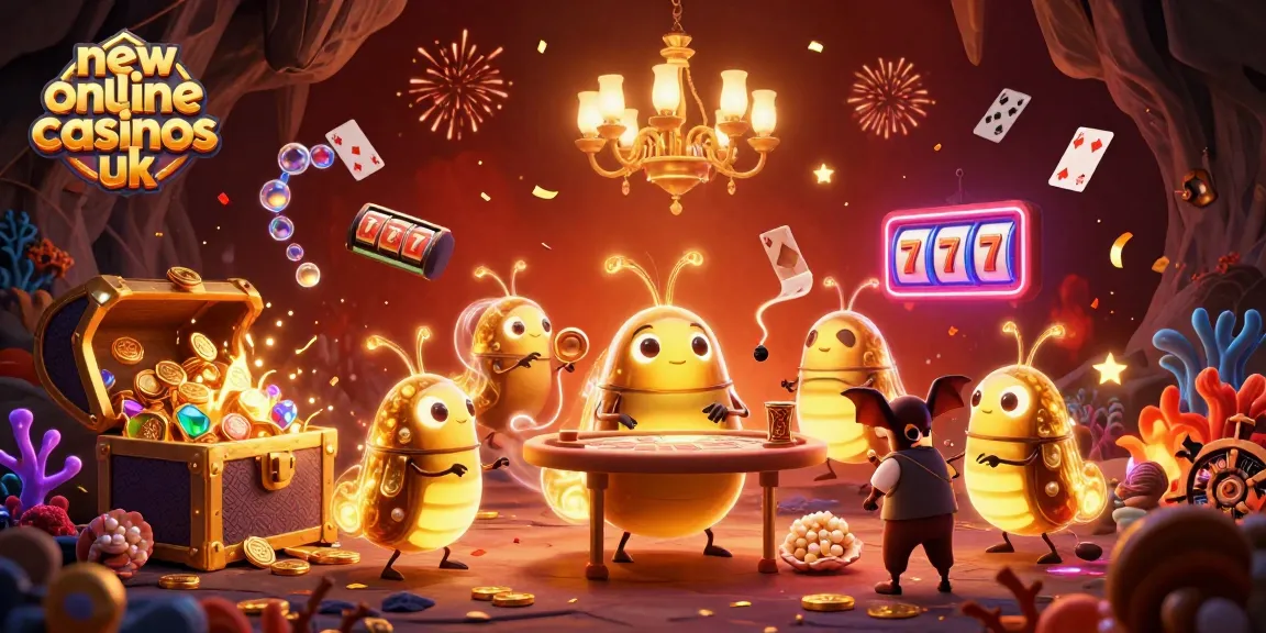 Discover vibrant new online casinos UK with animated characters and gold-filled treasures.