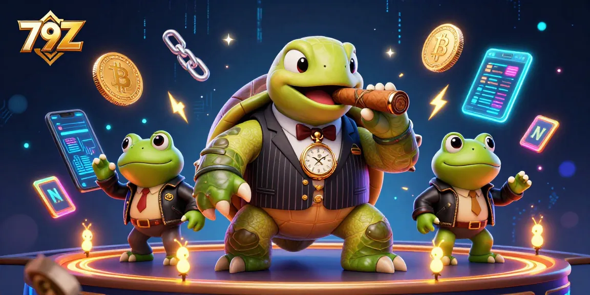 Engage in thrilling gaming at 79Z with a vibrant casino scene featuring unique characters and crypto elements.