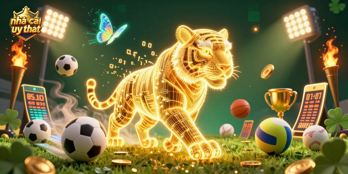 Engage with nhà cái uy tín in this vibrant, dynamic illustration showcasing sports betting elements surrounded by neon energies.