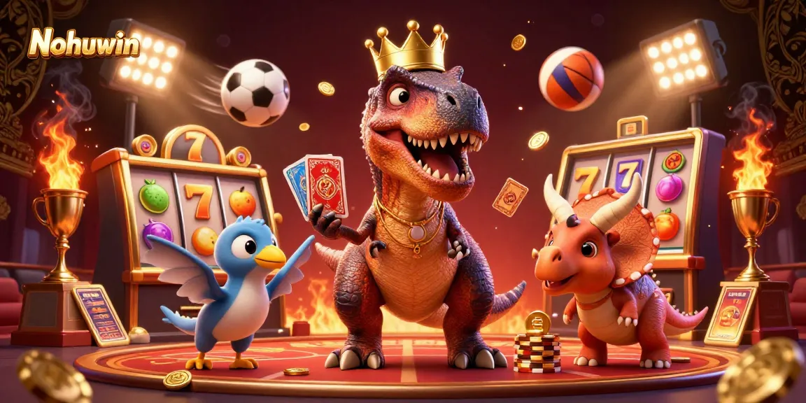 Nohuwin delightfully showcases a vibrant casino scene featuring a friendly T-Rex, pterodactyl, and triceratops amidst dynamic slot game elements.