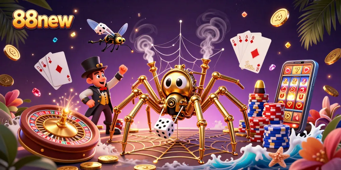 Catch the excitement of 88new in a dynamic casino scene featuring golden spider and whimsical characters.