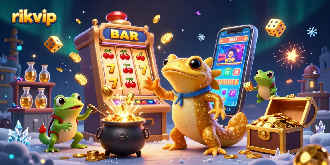Experience the excitement of rikvip with a lively scene featuring a slot machine bursting with coins and playful characters.