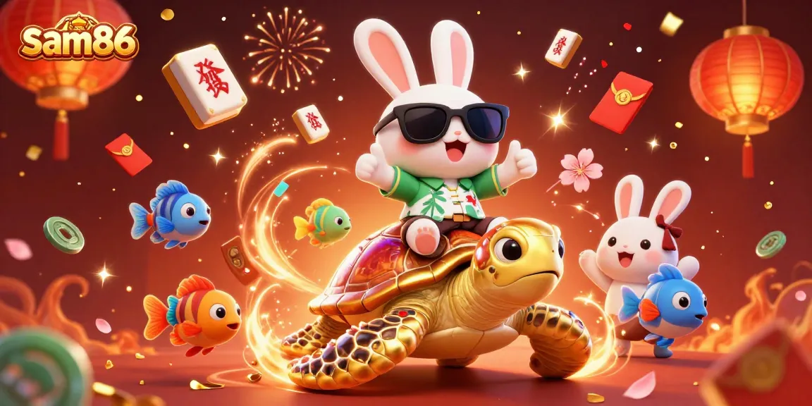 Play exciting games at sam86 with a lucky rabbit riding a magnificent turtle amidst festive casino elements.