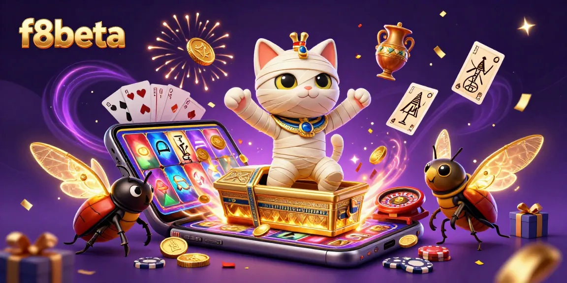 Experience thrilling adventures in f8beta with a vibrant casino scene featuring a mummy cat and a scarab.
