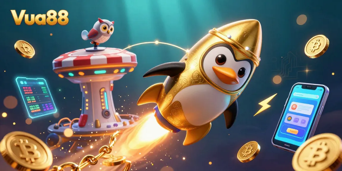 Experience Vua88's vibrant online casino with a golden penguin and cosmic elements!