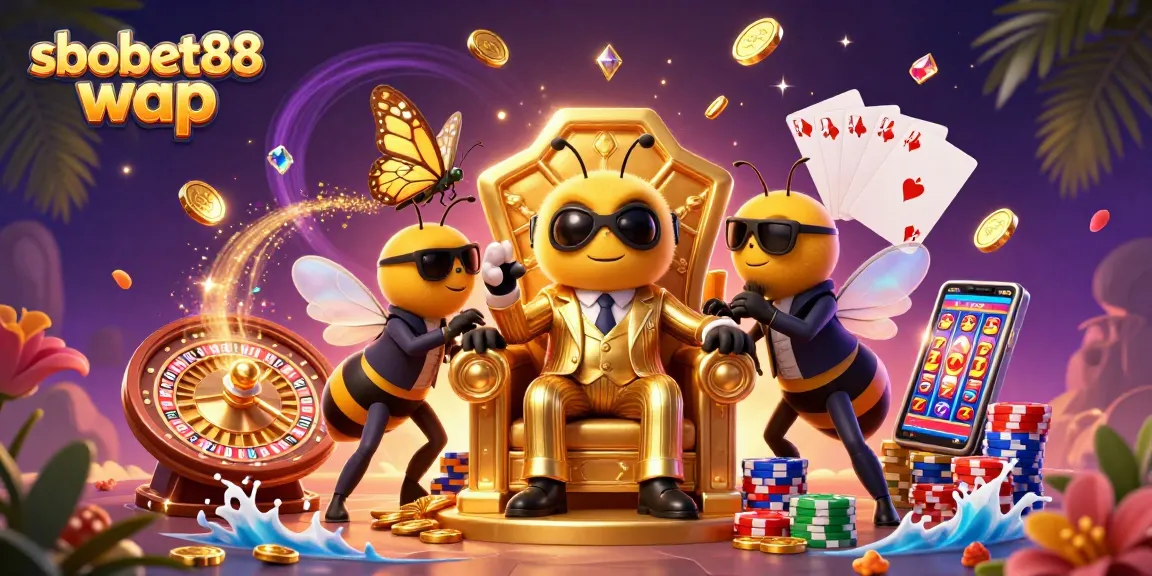 Bet on sbobet88 wap and embrace thrilling wins with cartoon bee mob boss in a vivid casino scene.