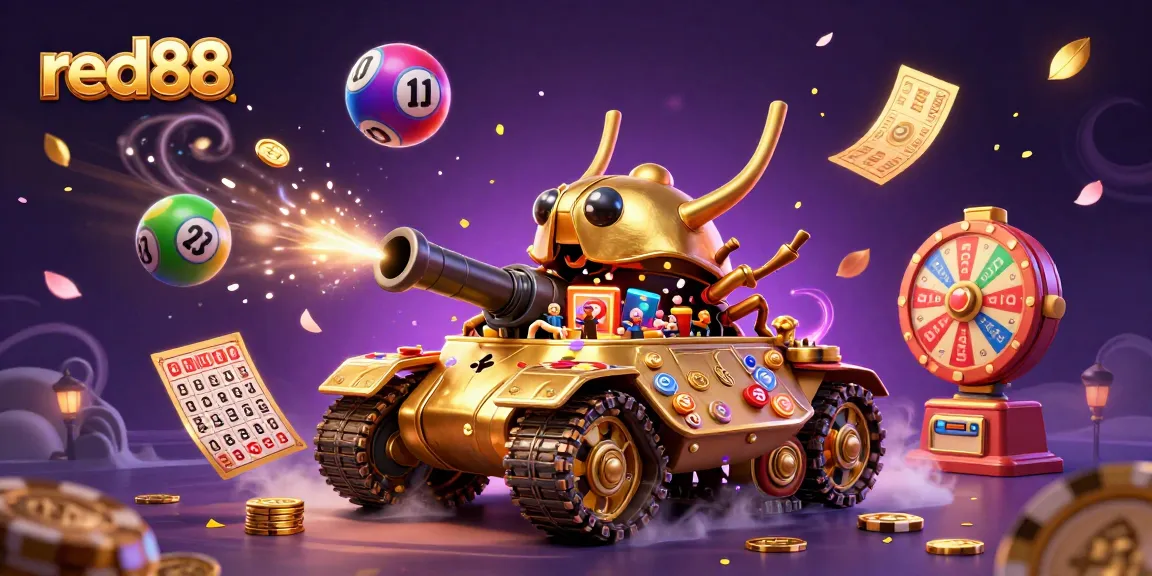 Experience excitement at red88 with a vibrant scene featuring a golden casino beetle tank and lottery elements.