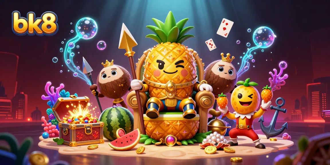 Experience the excitement of bk8 with this vibrant, engaging 3D casino illustration showcasing a golden pineapple king and his tropical entourage.