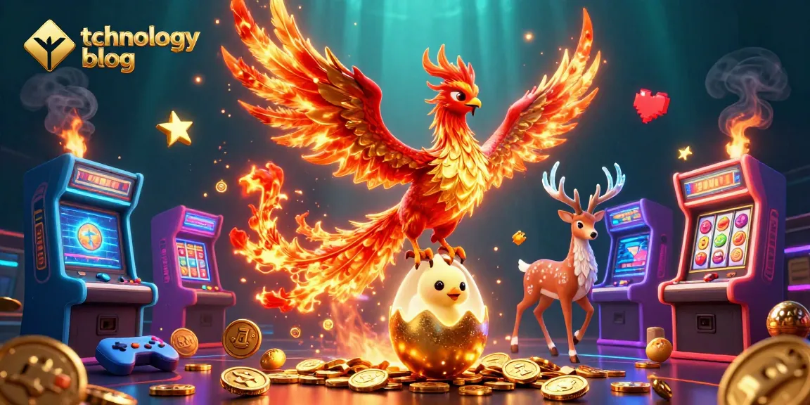 A vibrant technology blog illustration featuring a phoenix and baby hatching eggs amidst a casino setting with slot and game elements.
