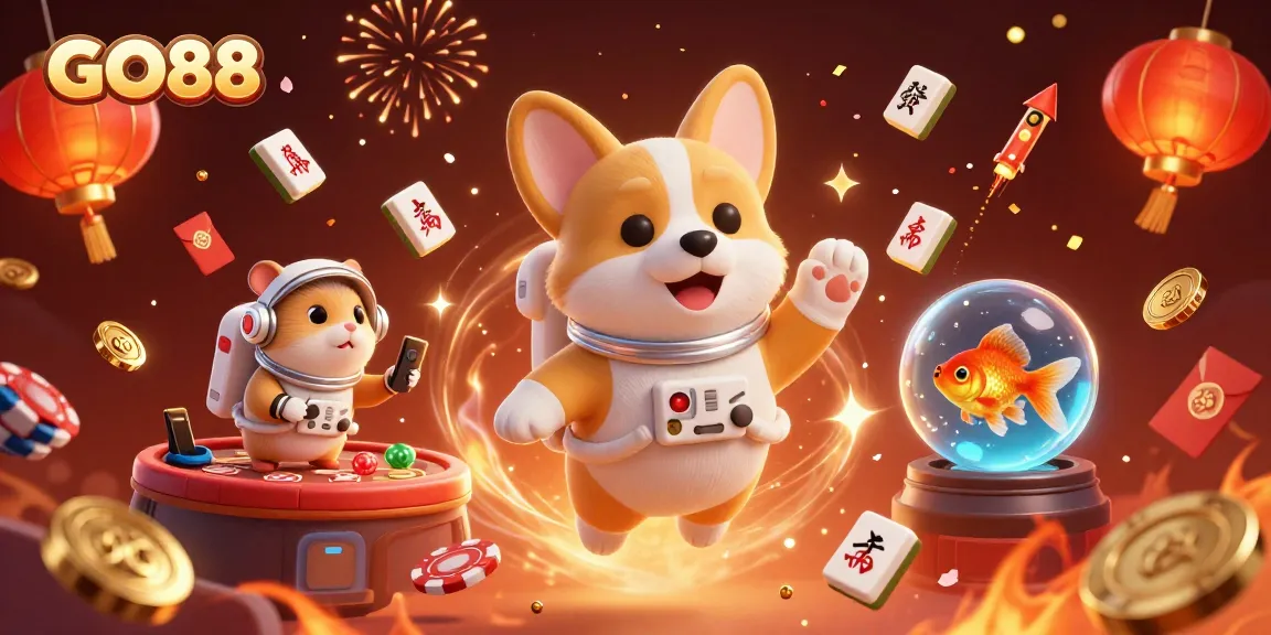 Experience the magic of GO88 with vibrant casino elements and characters in a dynamic 3D illustration.