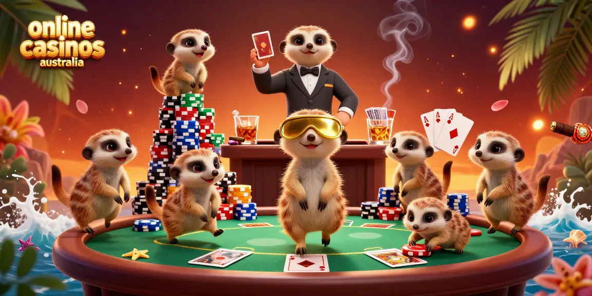 Engaging scene in online casinos Australia with meerkats running a vibrant poker table.