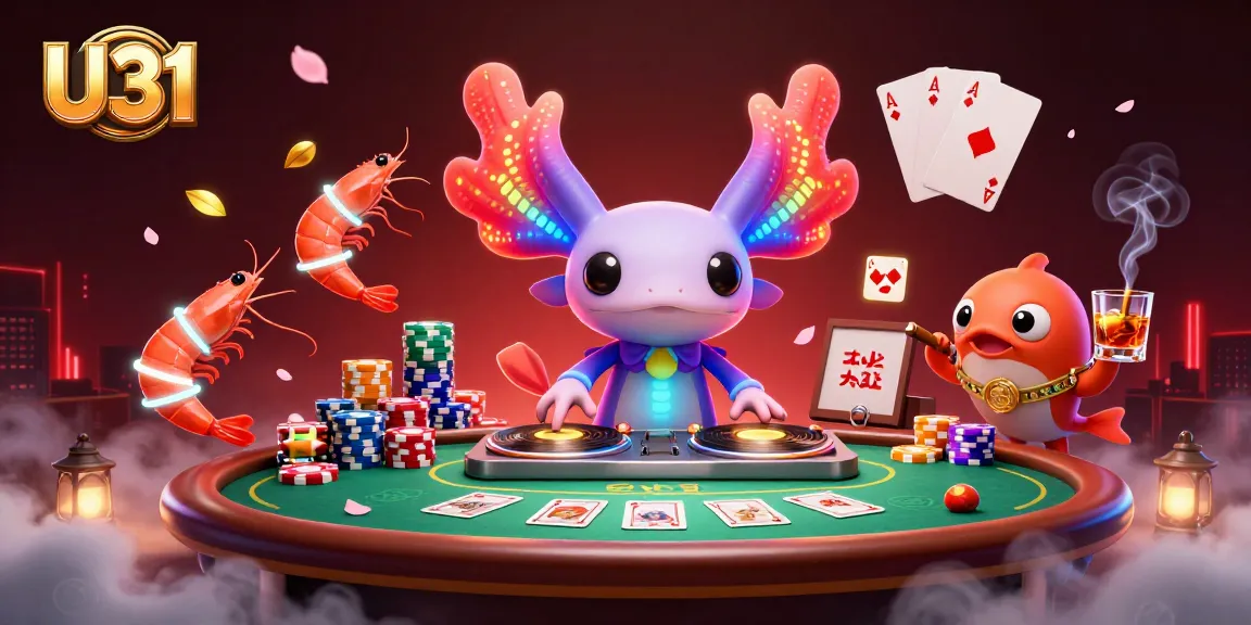 U31's vibrant casino scene with axolotl DJ spinning records, dynamic poker elements, and colorful characters.