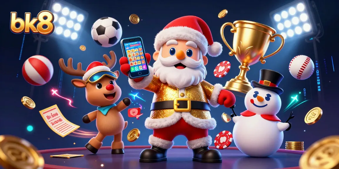 Bet on jackpot slots with bk8 as a cartoon Santa Claus holds his smartphone while surrounded by game elements.